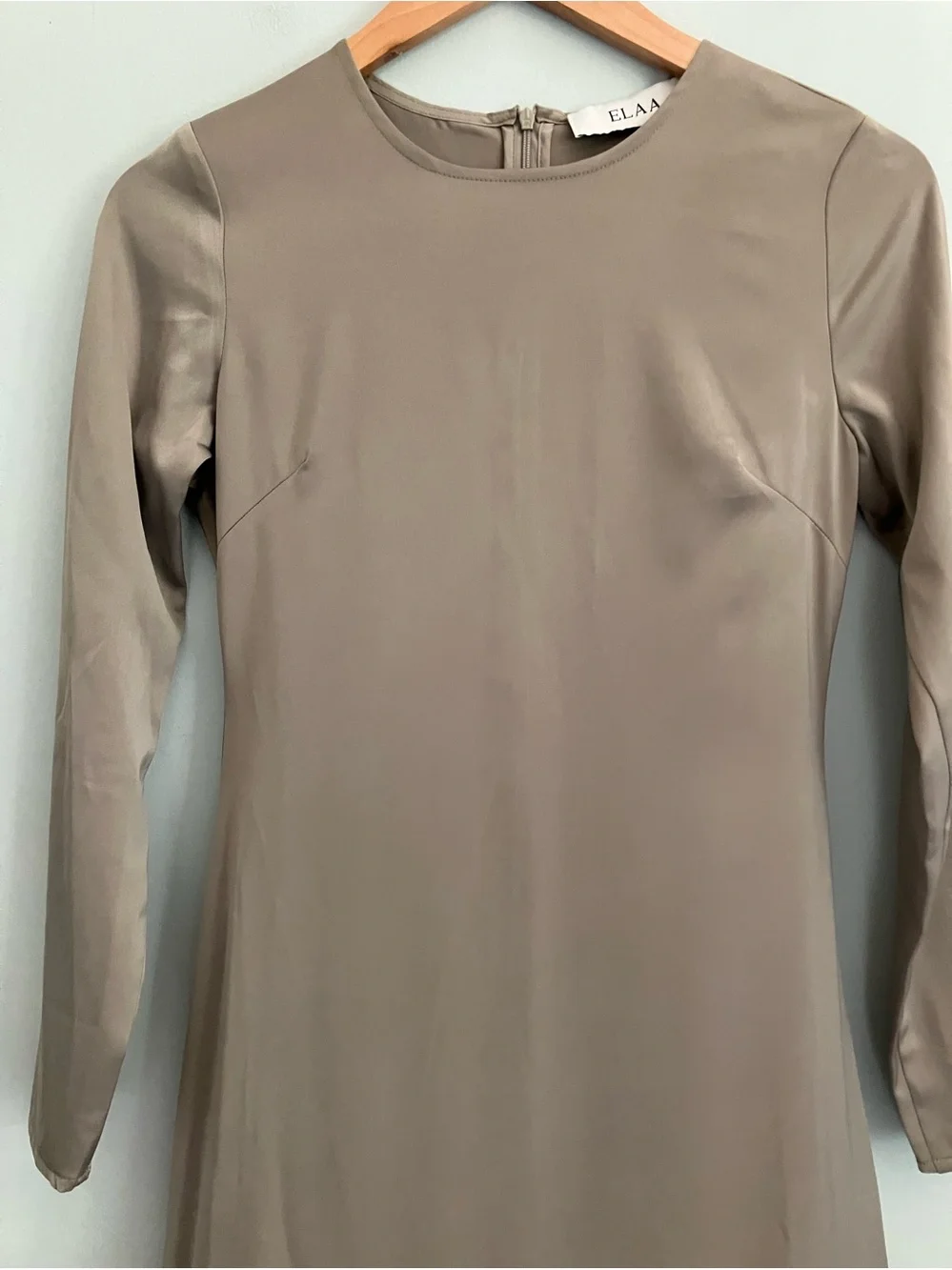 ELAA Muted Olive Green/Taupe Satin Long Sleeve A-Line Maxi Dress Size XXS-XS - Picture 4 of 12